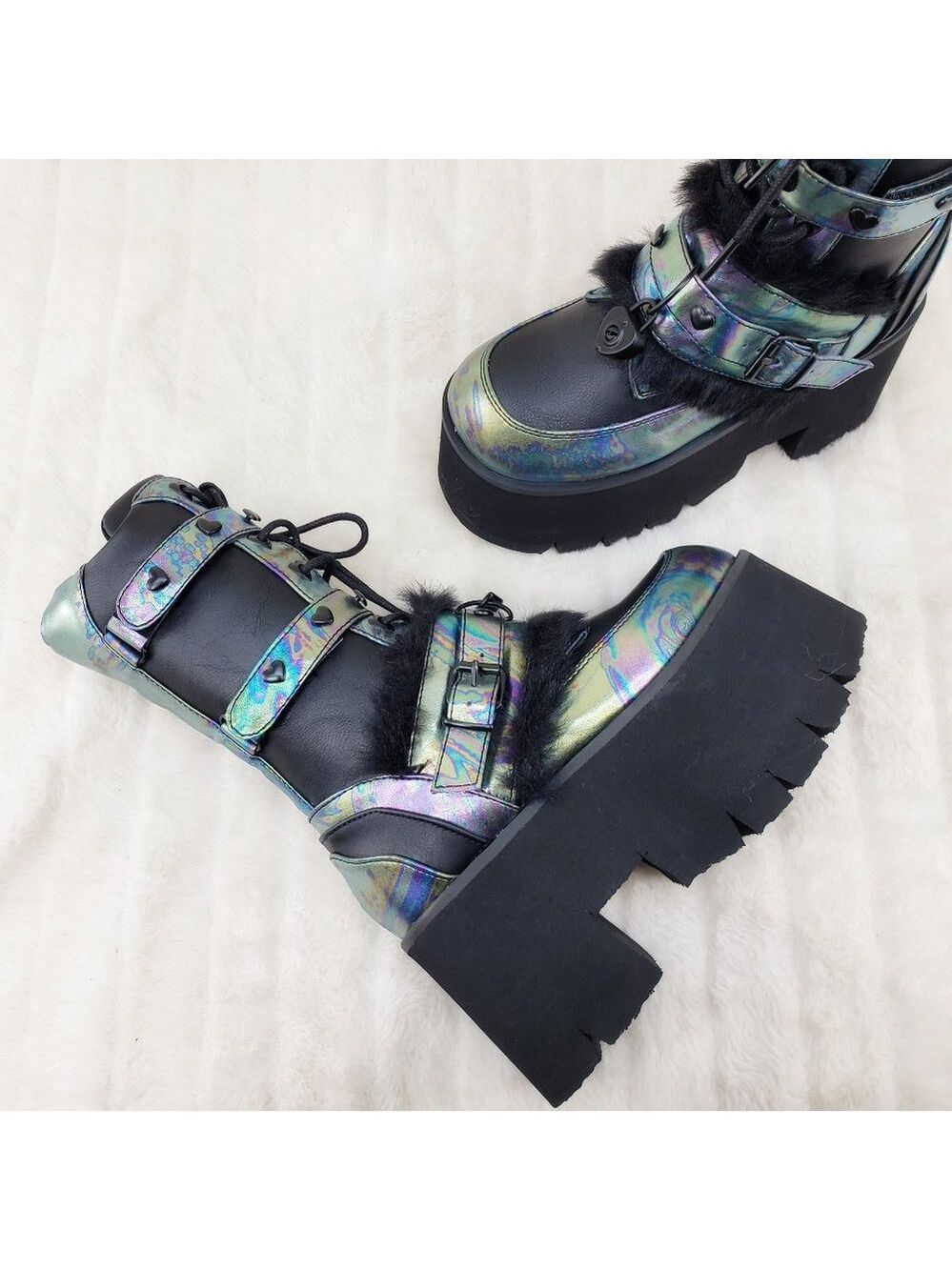 Ash Goth Punk Furry Mid Calf Platform Boots - Picture 3 of 15
